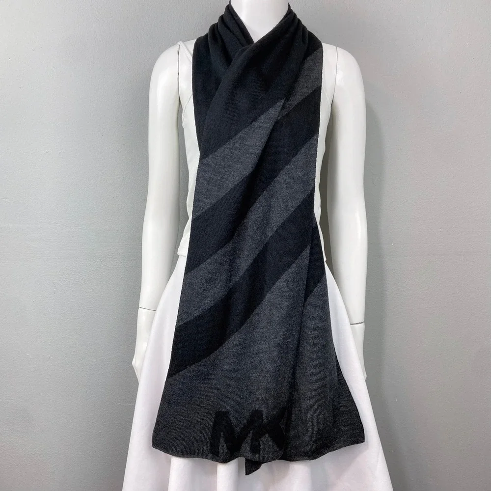 Michael Kors Scarf Charcoal Knit MK Logo Stripe Winter‎ Unisex Urban Minimalist